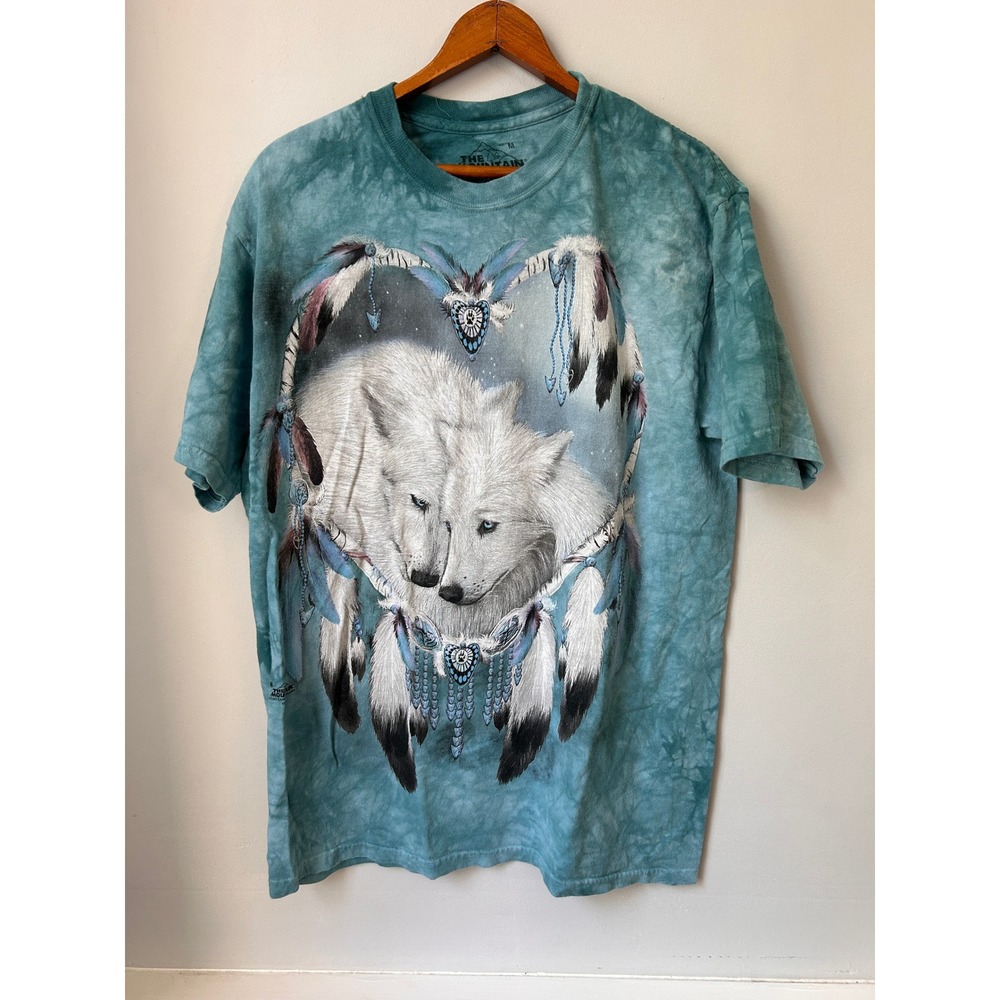 The Mountain White Wolf Dreamcatcher Tie Dye Graphic T-Shirt Teal Blue Mens M